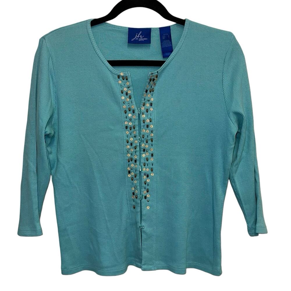 J.H. Collectibles Petite Large Aqua Beaded Rib Knit Cardigan Top